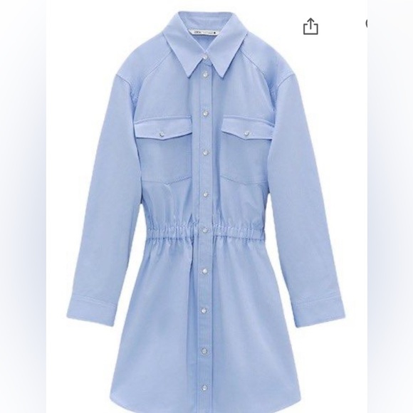 NWT Zara light Blue Button up Dress elastic stretch waste band - Picture 2 of 5